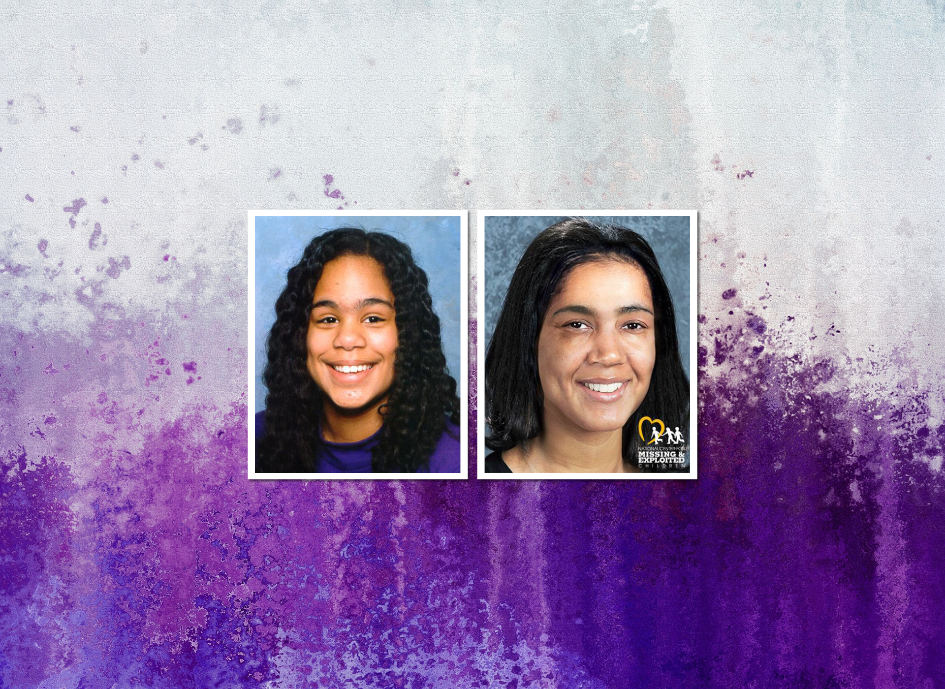 two photos: (l) celina at age 12 has long curly dark hair, a big smile, and a medium complexion; (r) celina age progressed to 33; both pictures are against a white and purple background