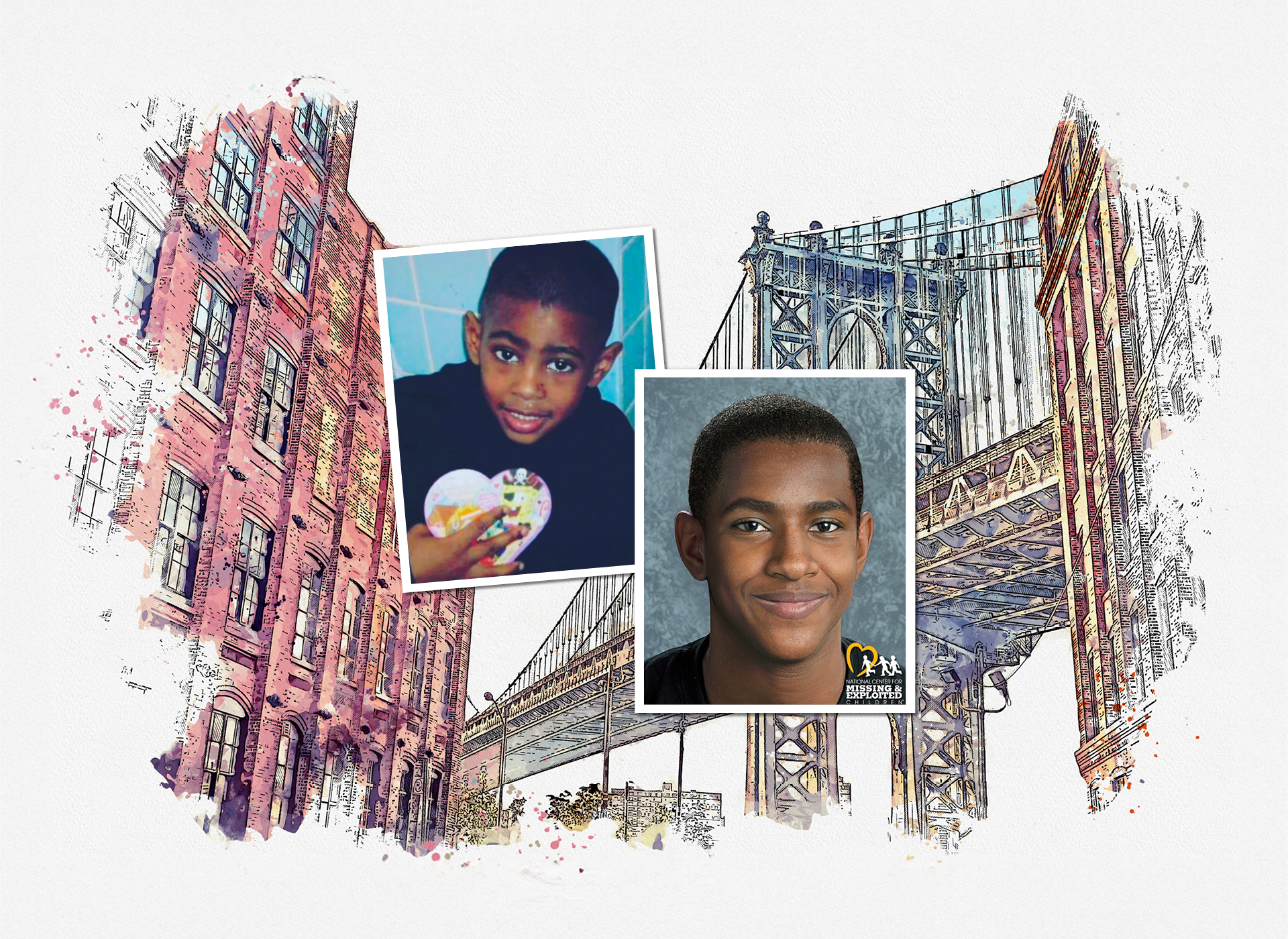 two images: patrick, a black and hispanic boy, around 7 in blue t-shirt; right: an age progression of what patrick may look like now; background sketch of new york city skyline