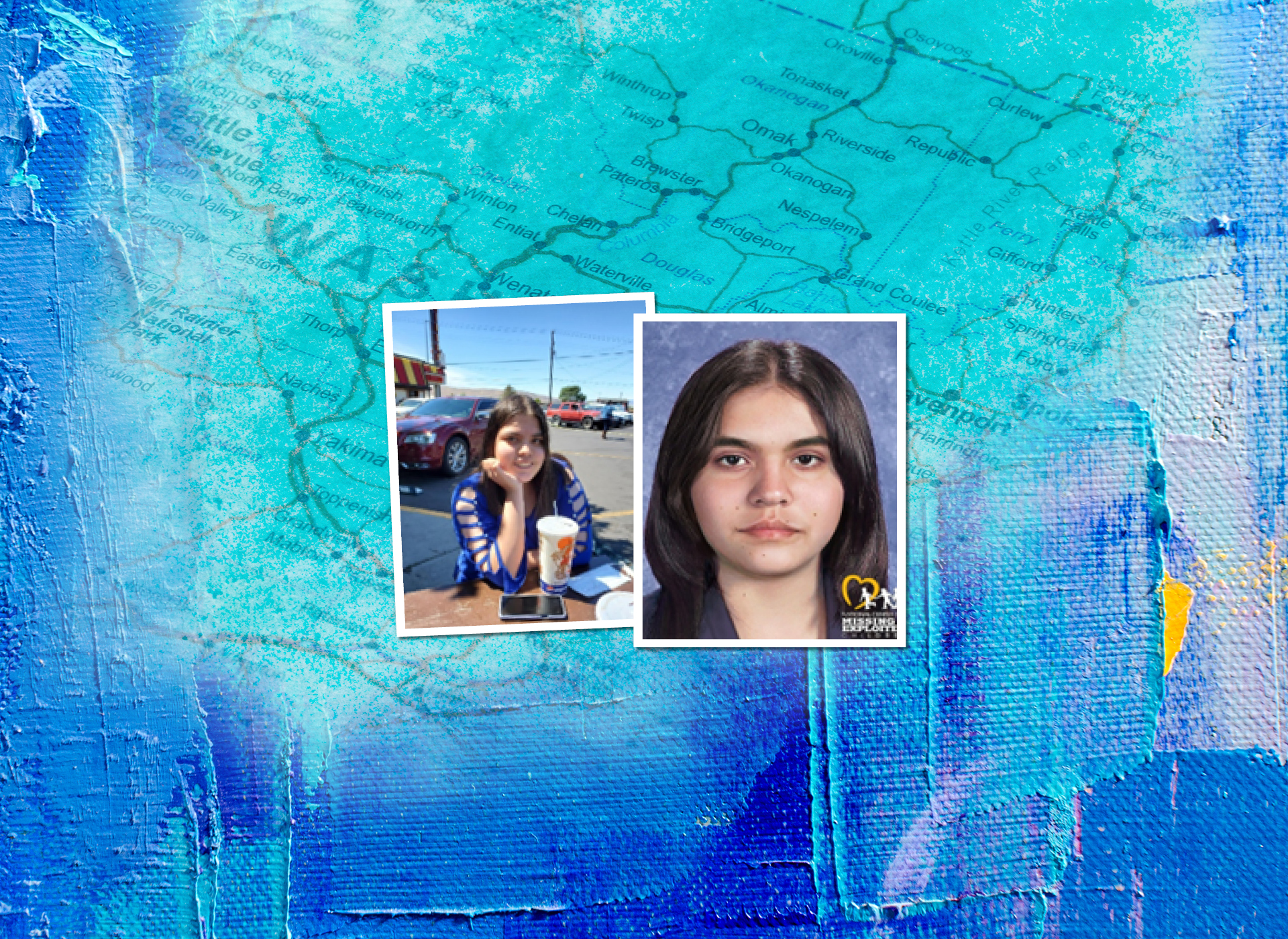 foreground: photo of kit at 16 next to her age progression at 20; background: blue/teal map