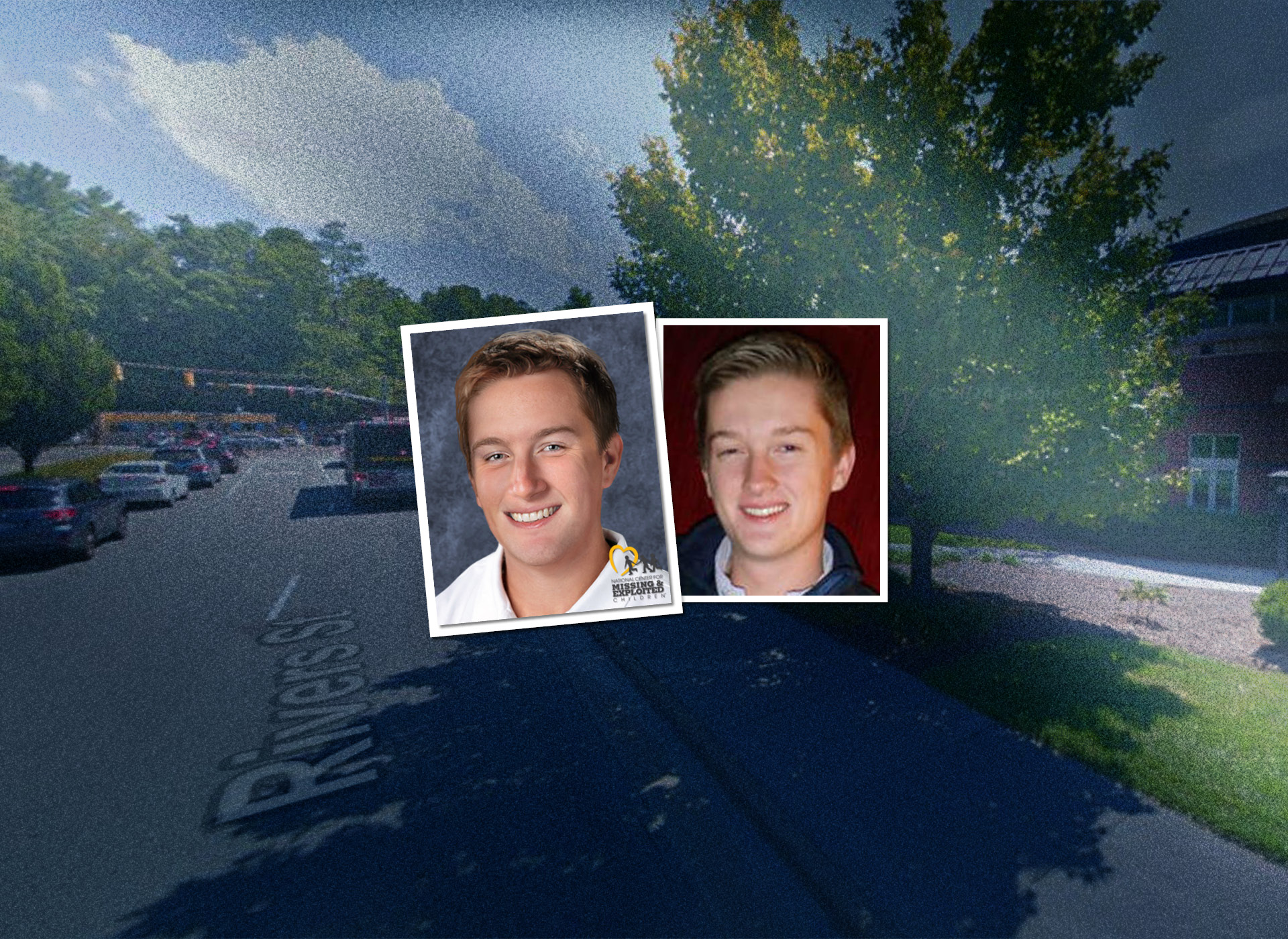 background of street with trees, foreground with picture of white male teen next to his age progression