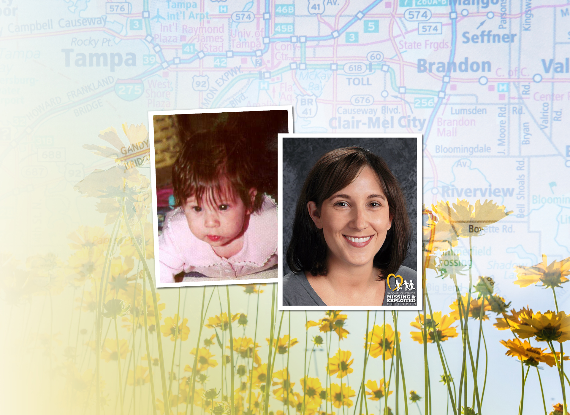 two images: toddler with dark hair; age progression of woman with dark hair; background of wildflowers