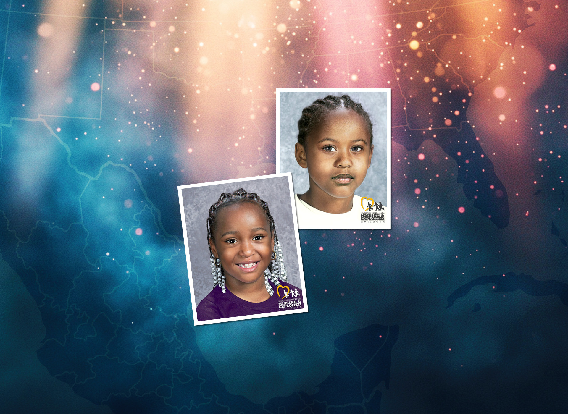 two age progressions of two black five year old children against a blue and pink background