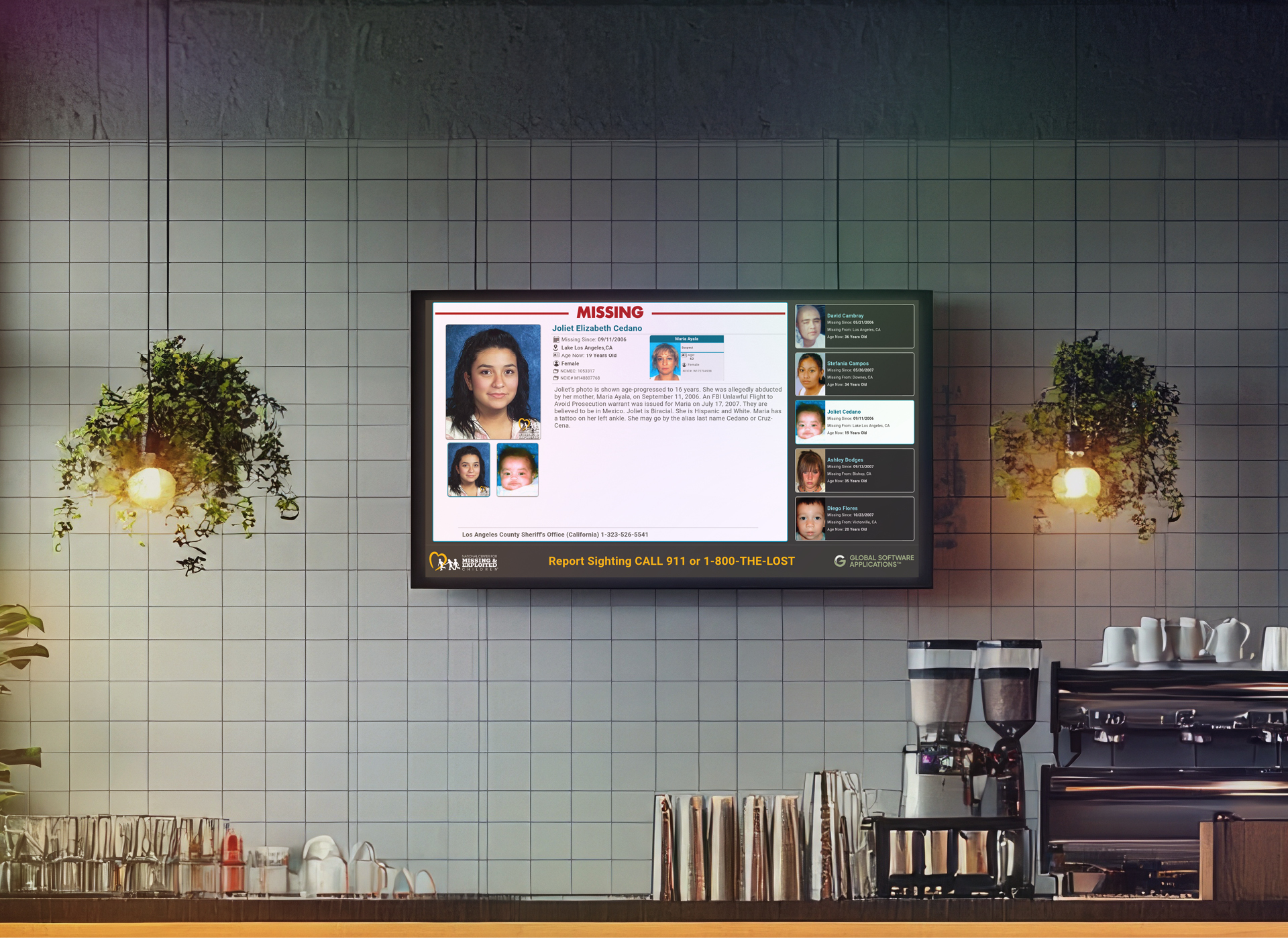 tv screen on wall with missing child poster