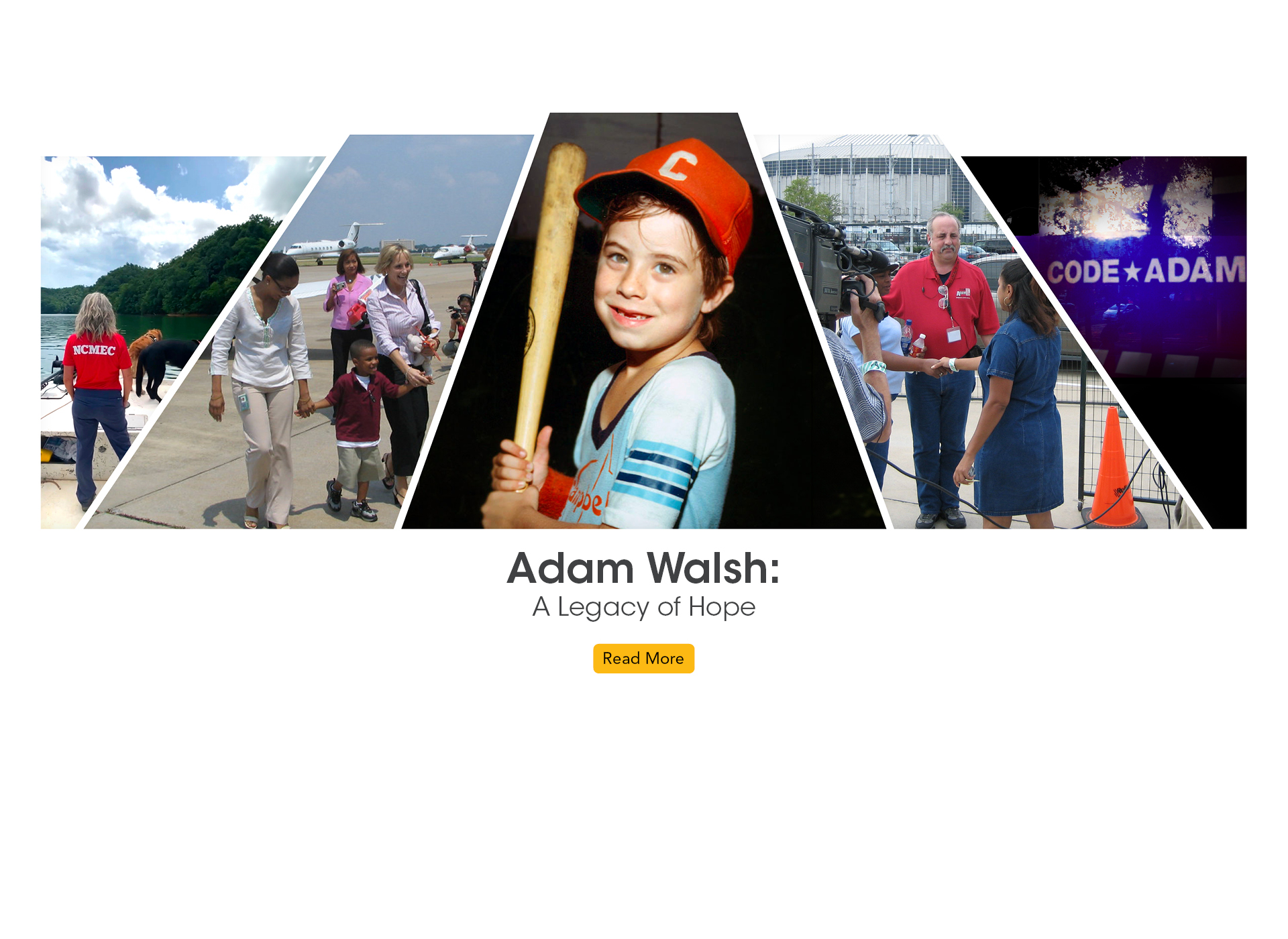 collage of adam programs in action; center picture of adam holding a baseball bat and wearing a red hat at approx age 6