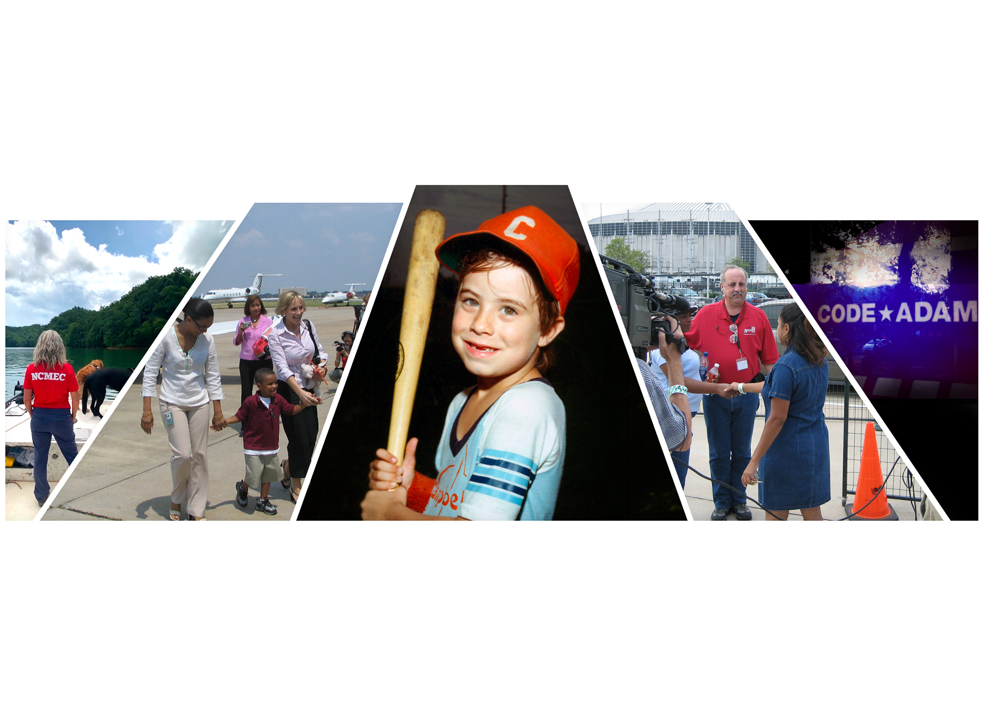 collage of adam programs in action; center picture of adam holding a baseball bat and wearing a red hat at approx age 6