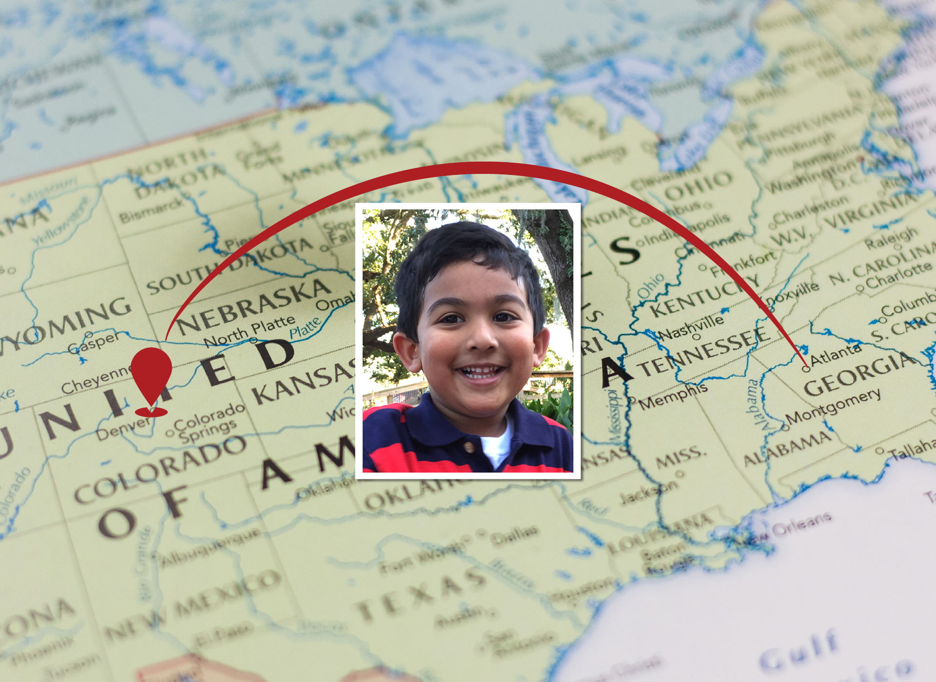 photo of aziz as a child with map of US as background