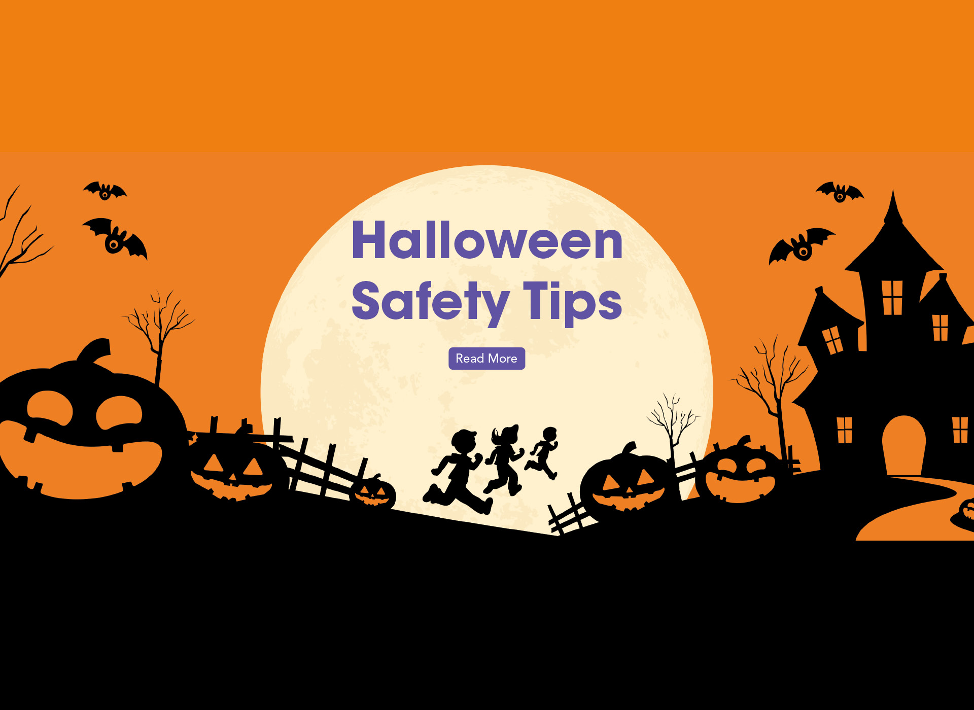 cartoon of full moon rising with silhouettes of pumpkins, a haunted house, and kids trick or treating