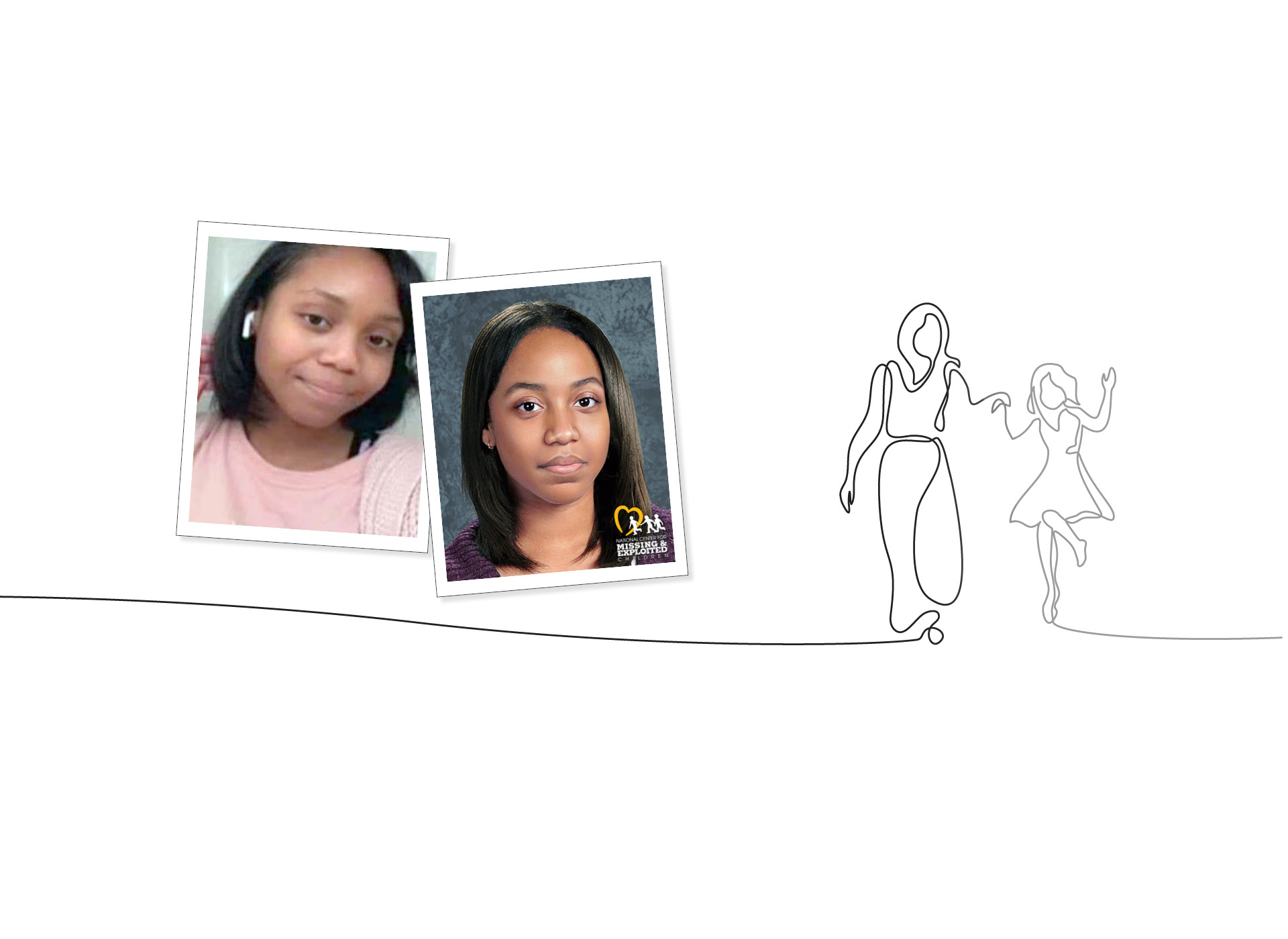 image of joniah at 15 next to her age progession; sketch of adult in black holding a child's hand (in gray)