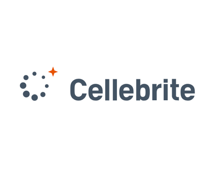 gray circle with orange plus sign next to it, cellebrite written in gray